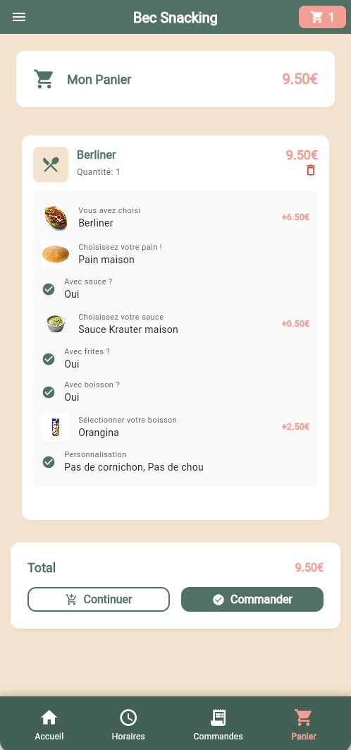 Panier de commande avec détails personnalisés