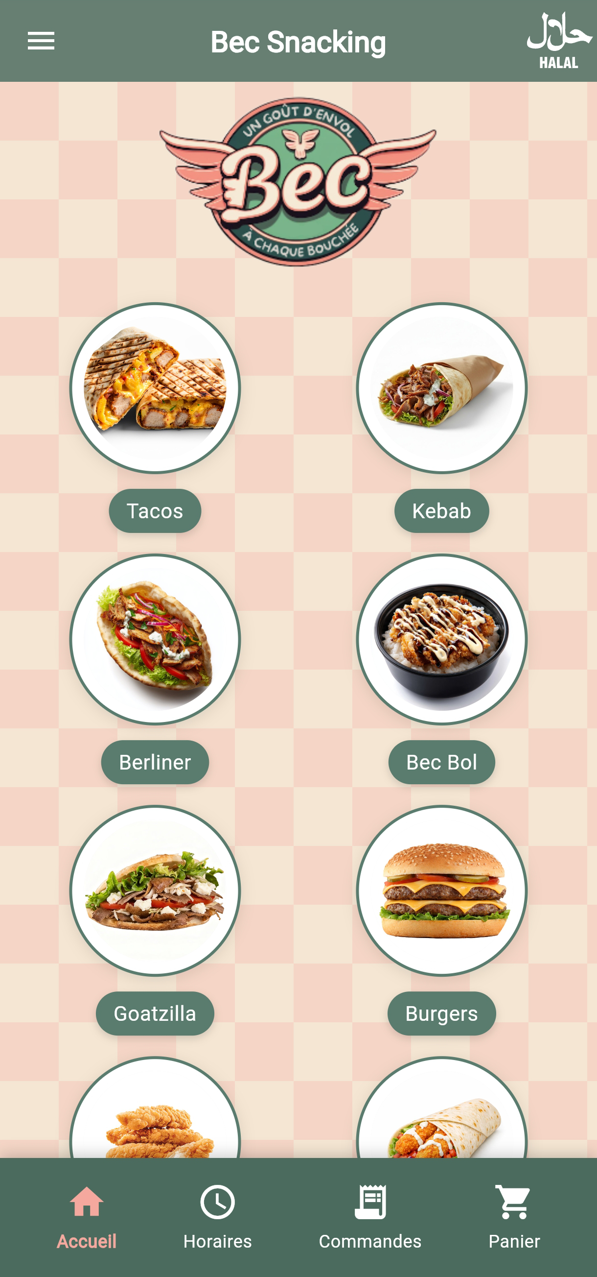 Application de commande en ligne — Menu snack